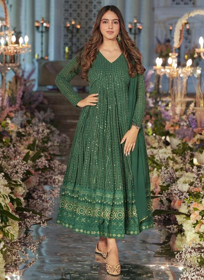 Faux Georgette Green Festival Wear Embroidery Work Gown With Dupatta